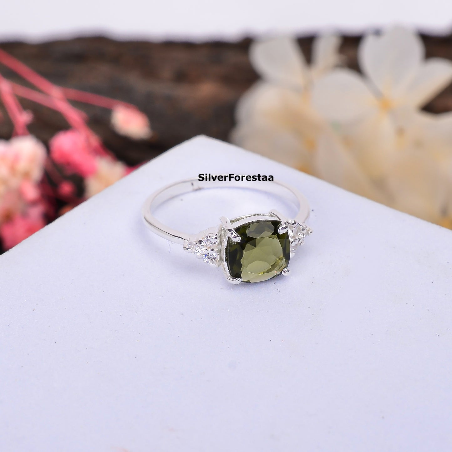 925 Sterling Silver Cut Moldavite Ring - Engagement Jewelry - SILVERFORESTAA