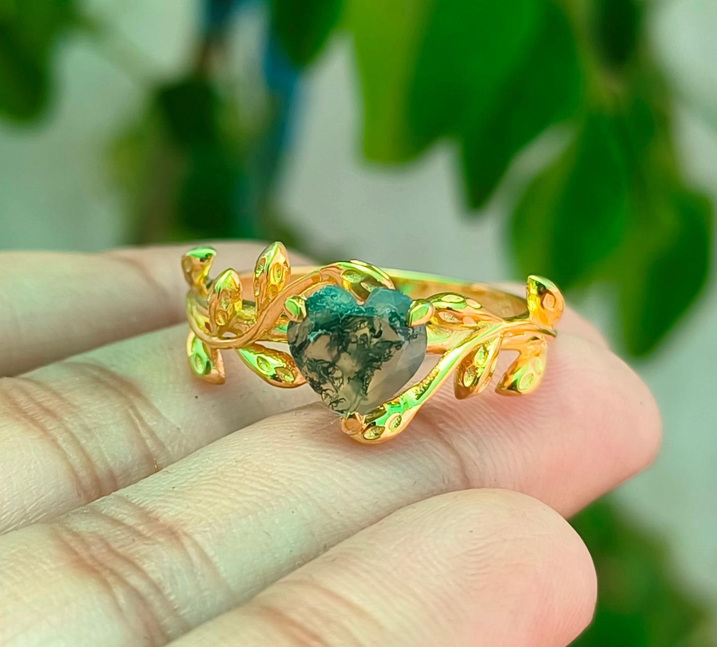 Vintage Moss Agate Heart Leaf Ring for Women - SilverForestaa - SILVERFORESTAA