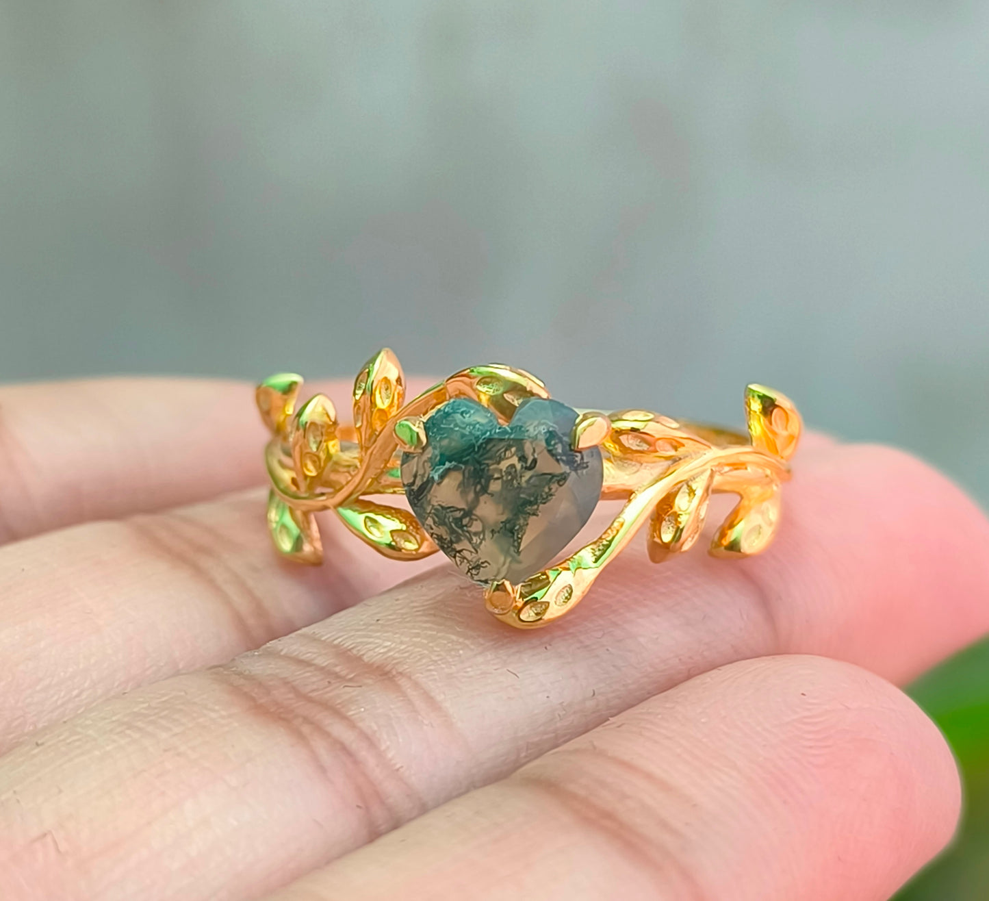 Vintage Moss Agate Heart Leaf Ring for Women - SilverForestaa - SILVERFORESTAA