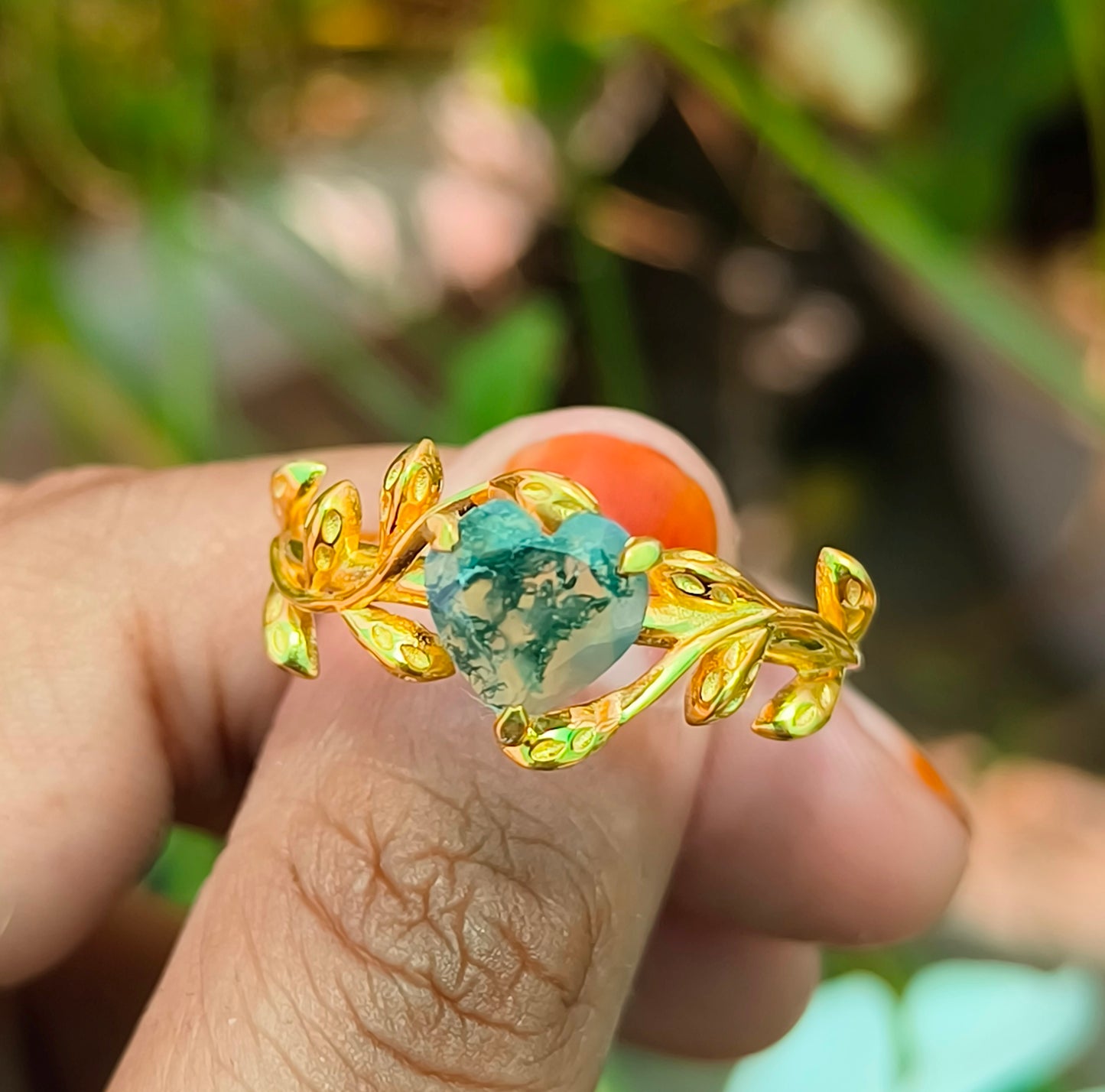 Vintage Moss Agate Heart Leaf Ring for Women - SilverForestaa - SILVERFORESTAA
