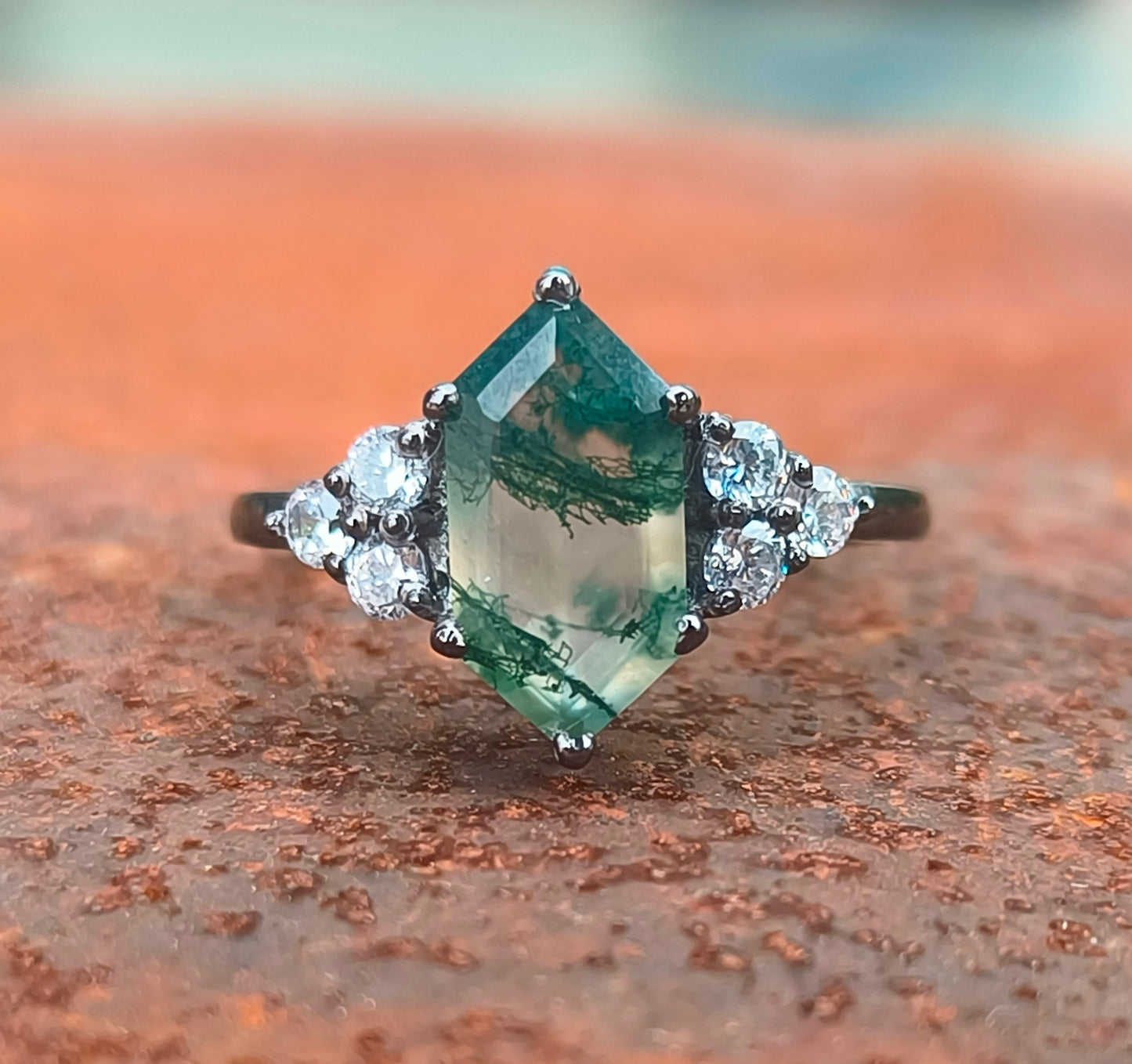 Hexagon Moss Agate Dainty Engagement Ring – 925 Sterling Silver - SILVERFORESTAA