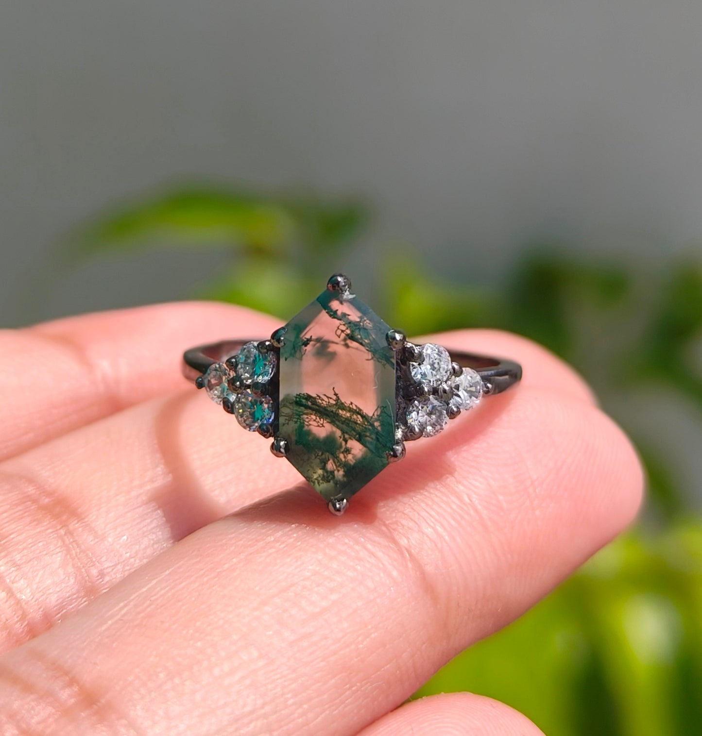 Hexagon Moss Agate Dainty Engagement Ring – 925 Sterling Silver - SILVERFORESTAA