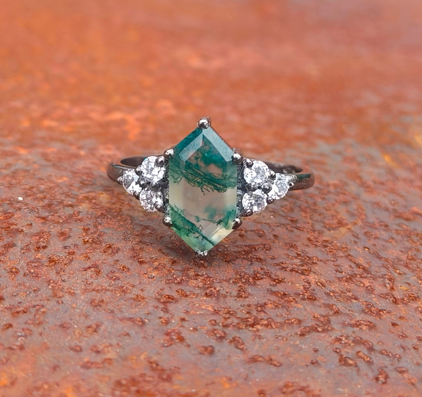 Hexagon Moss Agate Dainty Engagement Ring – 925 Sterling Silver - SILVERFORESTAA