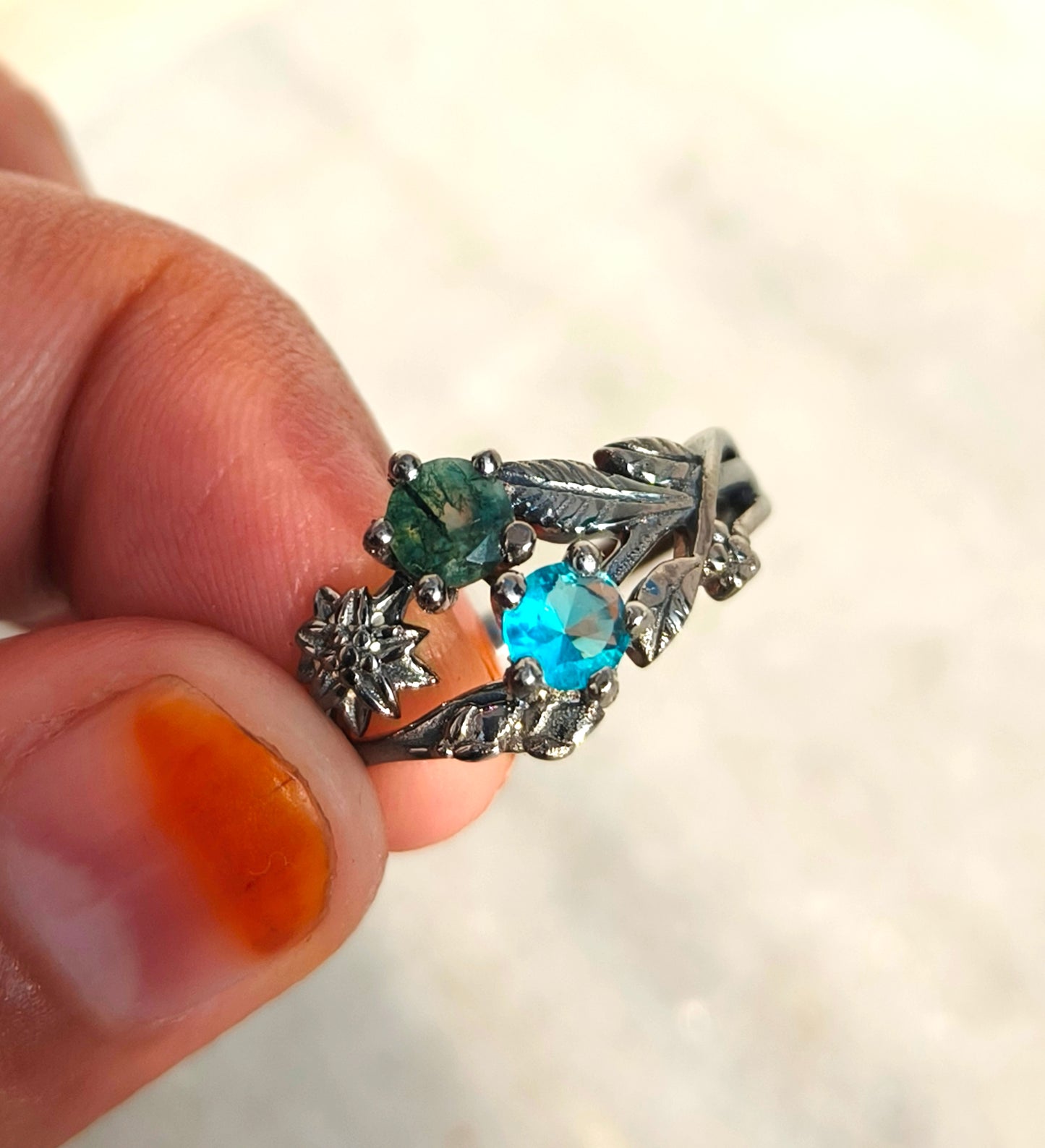 Moss Agate Ring: 925 Sterling Silver Twig Band, Nature Inspired - SILVERFORESTAA
