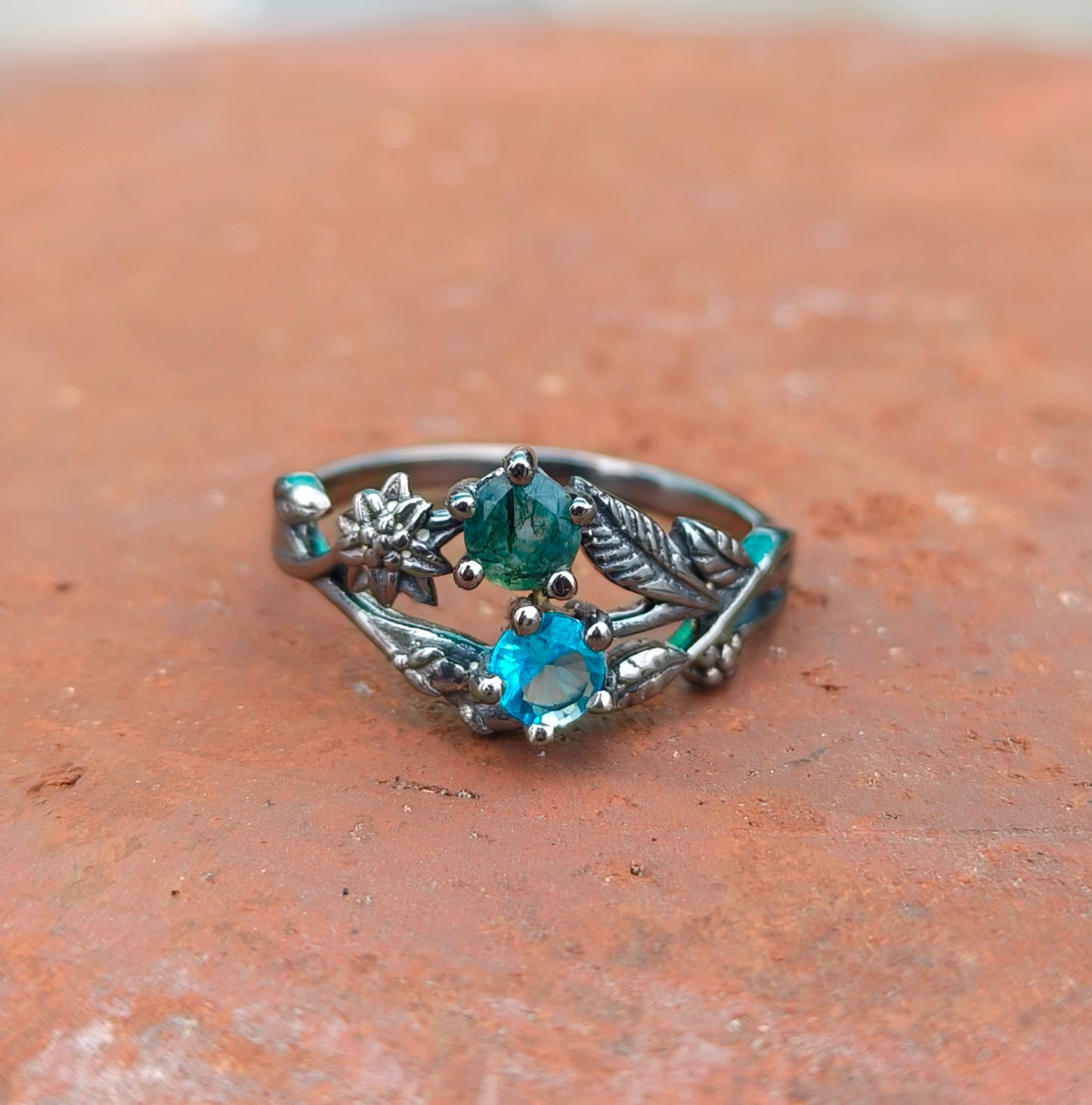 Moss Agate Ring: 925 Sterling Silver Twig Band, Nature Inspired - SILVERFORESTAA