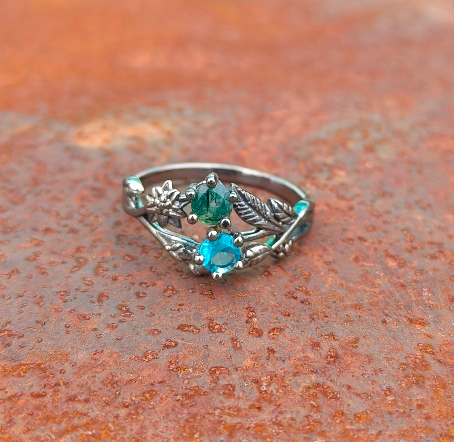 Moss Agate Ring: 925 Sterling Silver Twig Band, Nature Inspired - SILVERFORESTAA