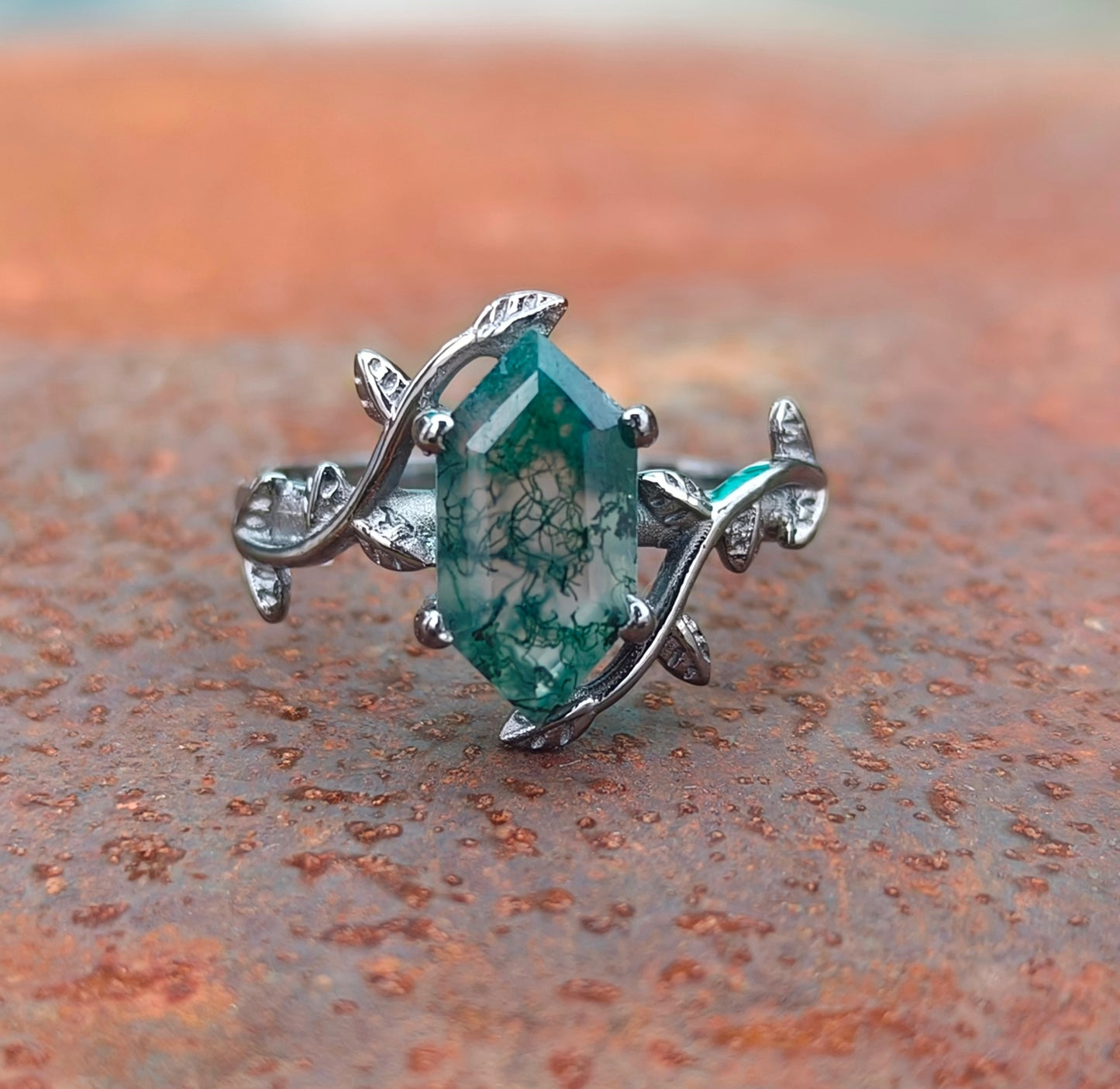 Witchy Moss Agate Leaf Ring 925 Sterling Silver | SilverForestaa - SILVERFORESTAA
