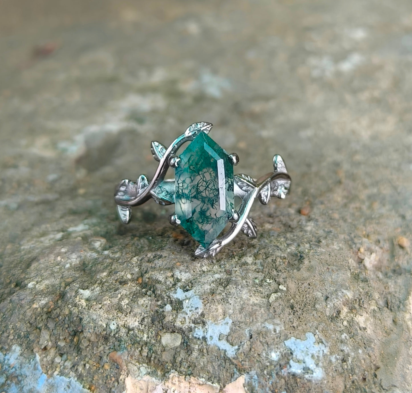 Witchy Moss Agate Leaf Ring 925 Sterling Silver | SilverForestaa - SILVERFORESTAA