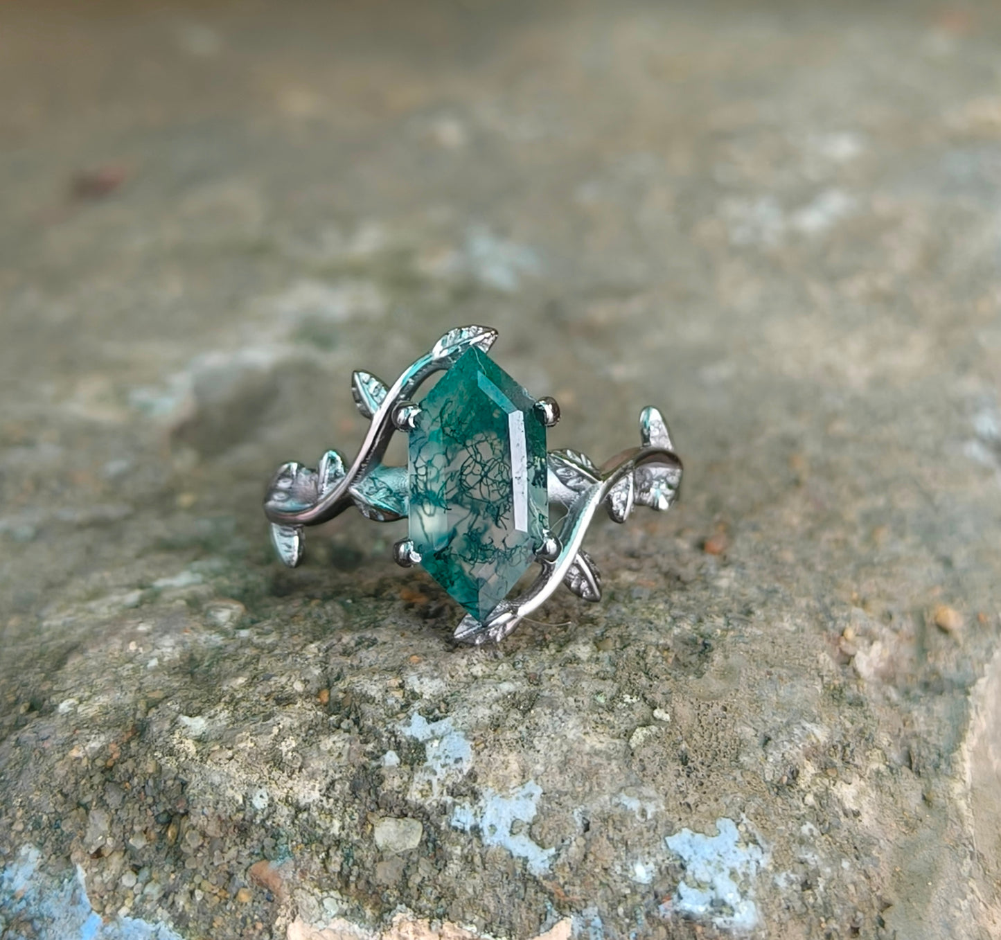 Witchy Moss Agate Leaf Ring 925 Sterling Silver | SilverForestaa - SILVERFORESTAA