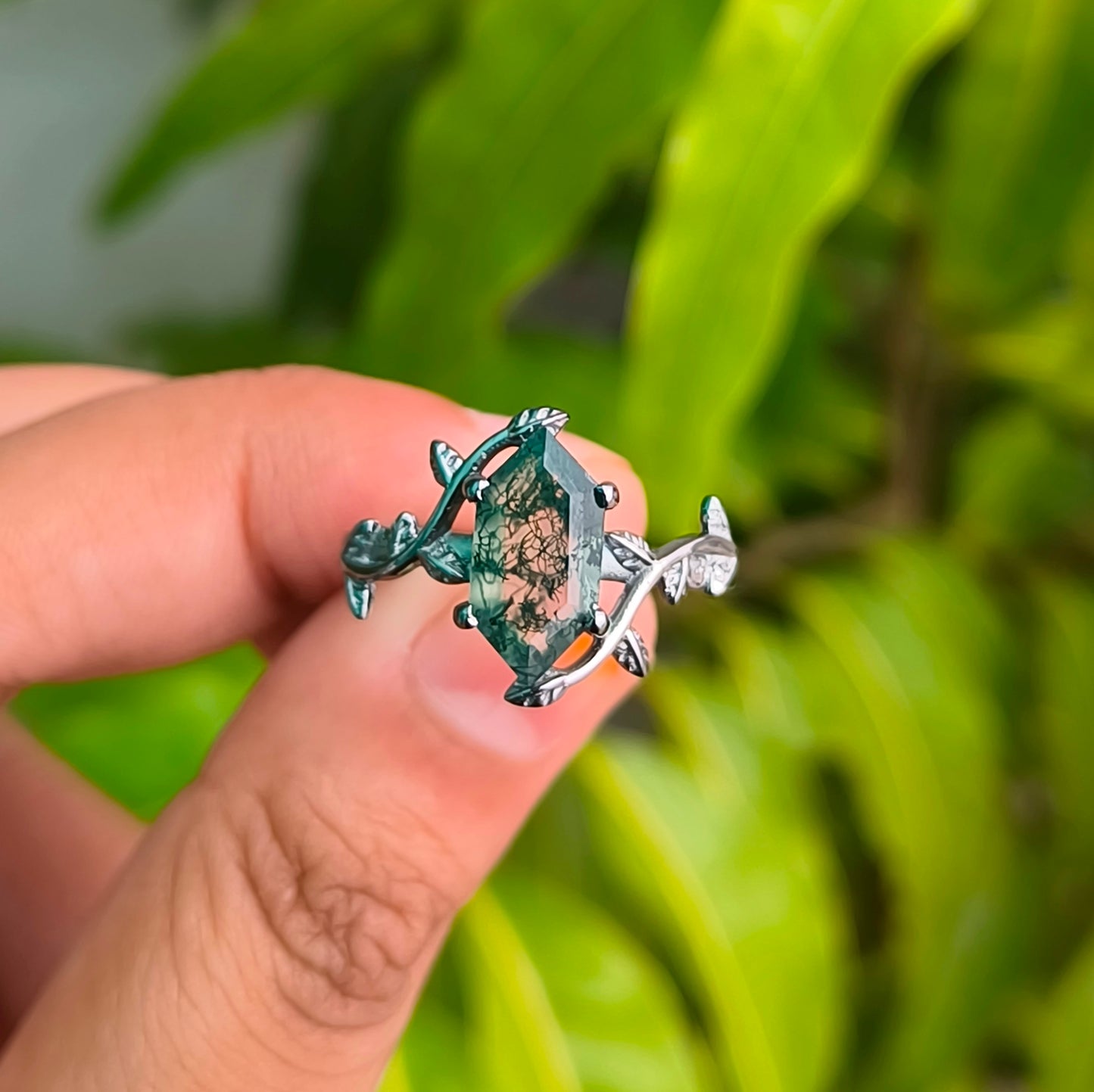 Witchy Moss Agate Leaf Ring 925 Sterling Silver | SilverForestaa - SILVERFORESTAA
