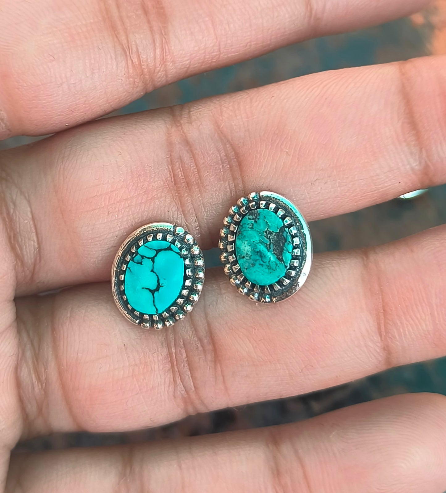 Tibetan Turquoise Stud Earrings | 925 Silver Studs