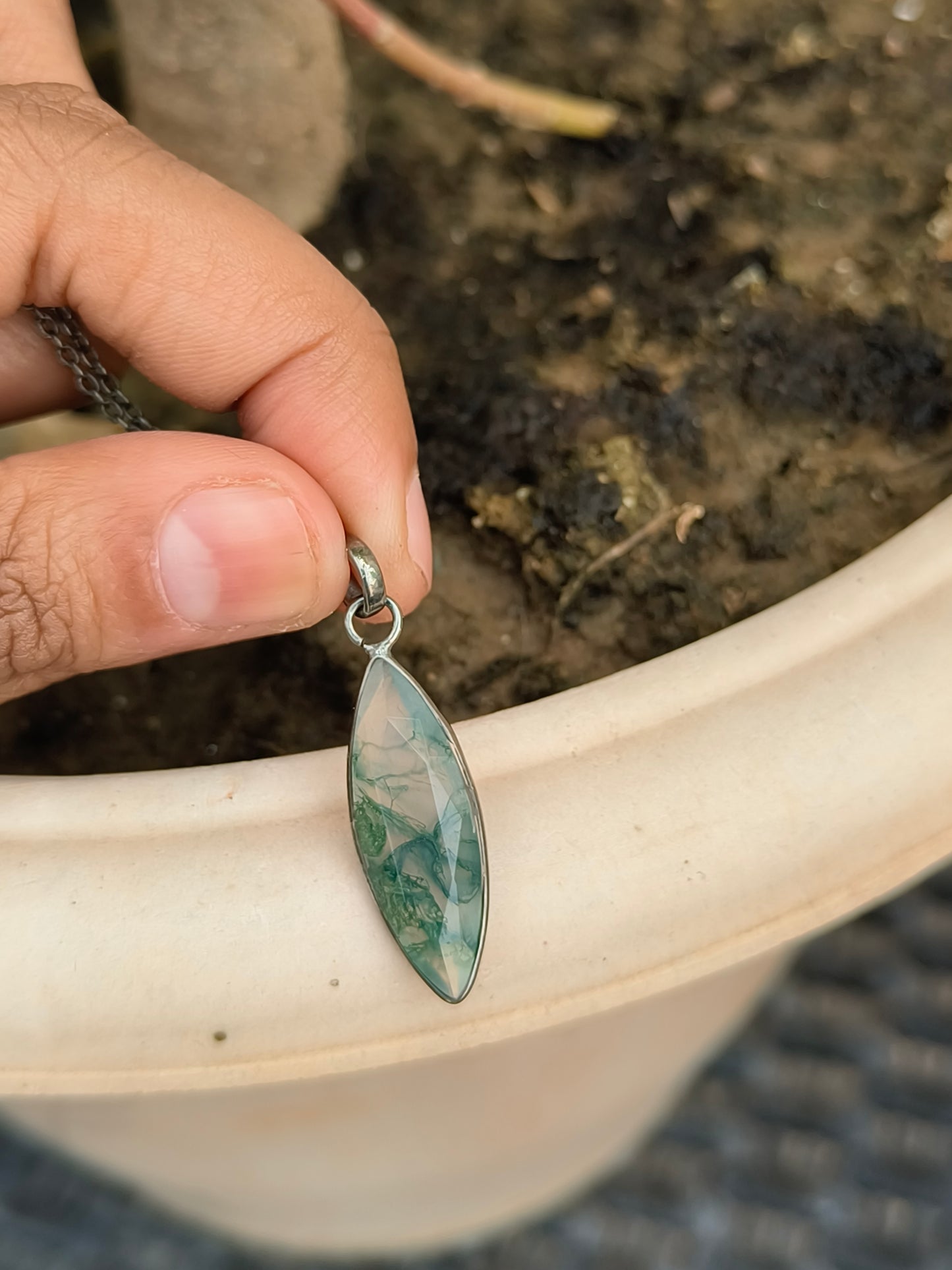 Green Moss Agate Silver Necklace for Men - SilverForestaa