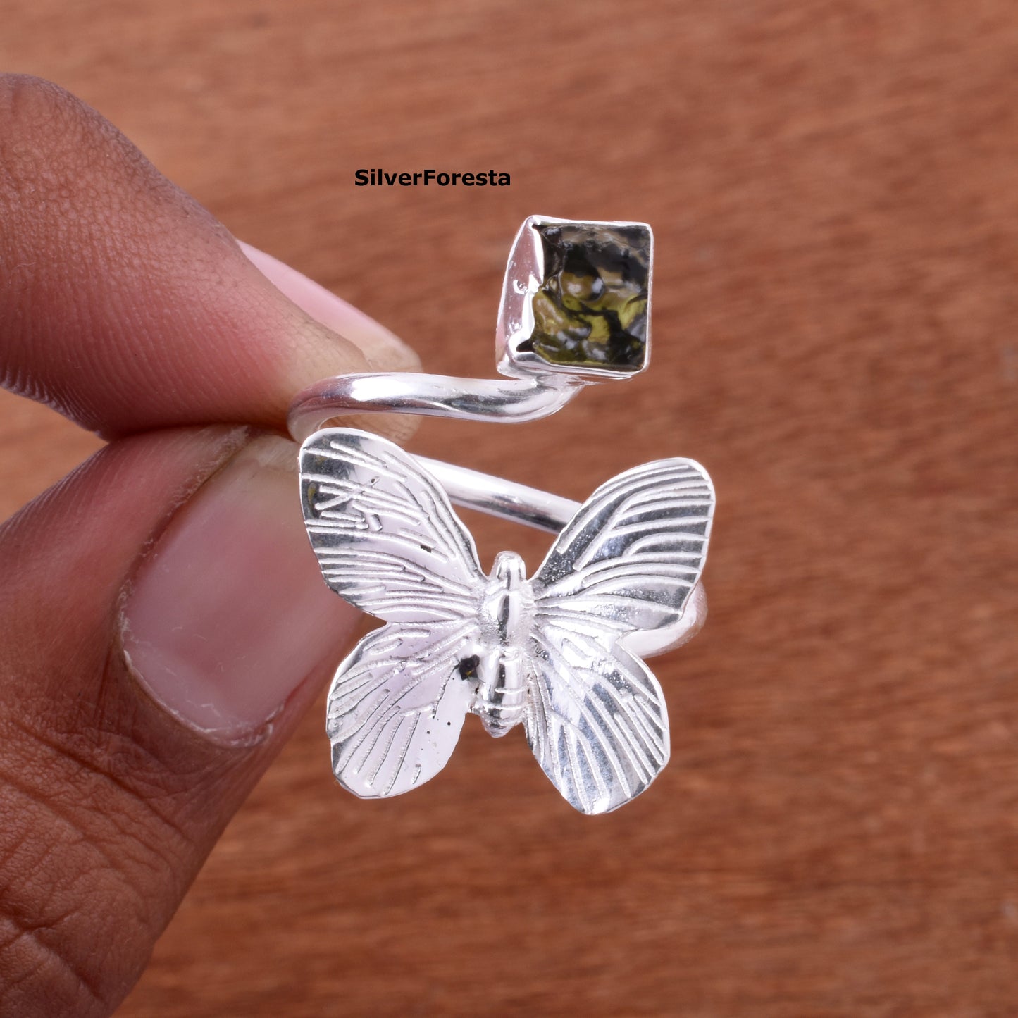 Natural Rough Moldavite Butterfly Ring – 925 Silver Jewelry