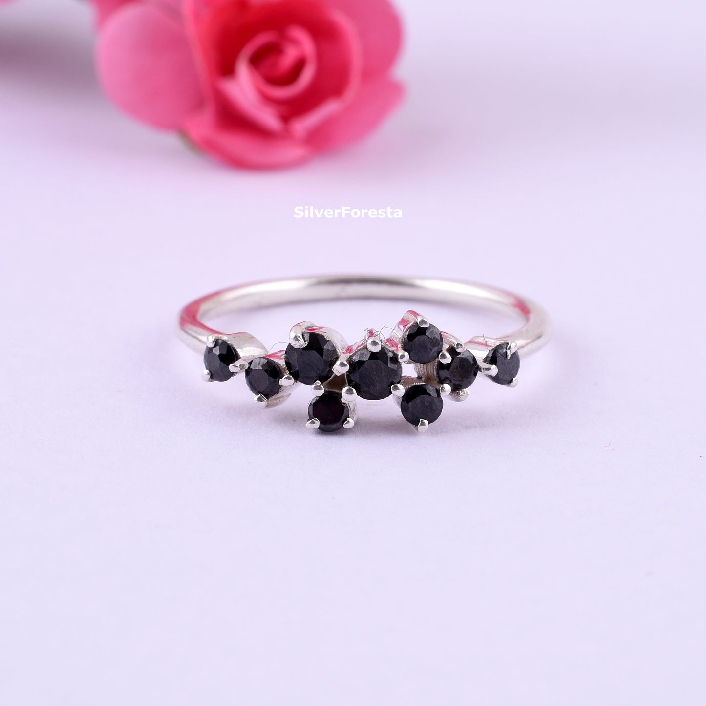 Black Spinel Cluster Ring Handmade Silver Ring - SilverForestaa