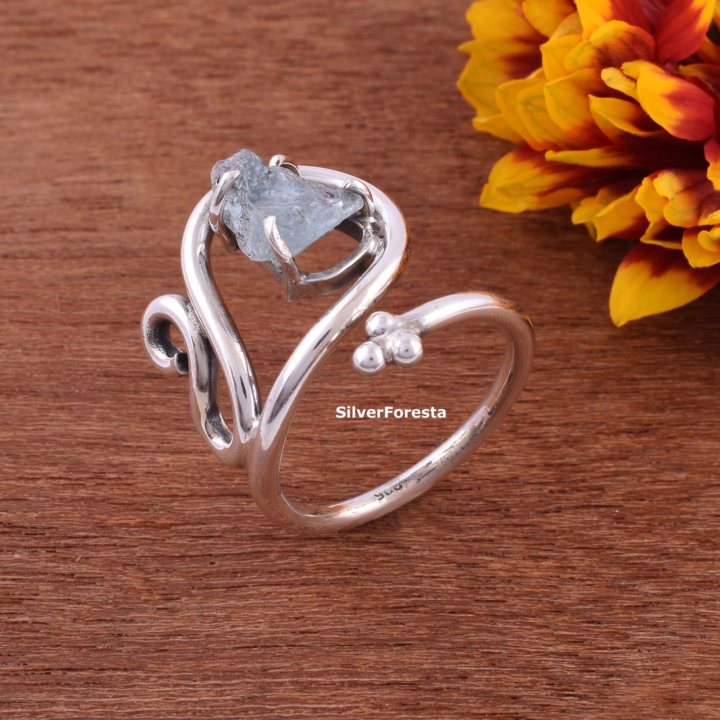 March Birthstone Ring Rough Aquamarine Silver Ring - SilverForestaa