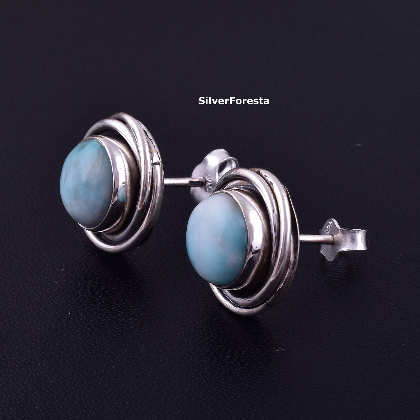 Natural Larimar Stud Earrings 925 Silver Jewelry - SilverForestaa