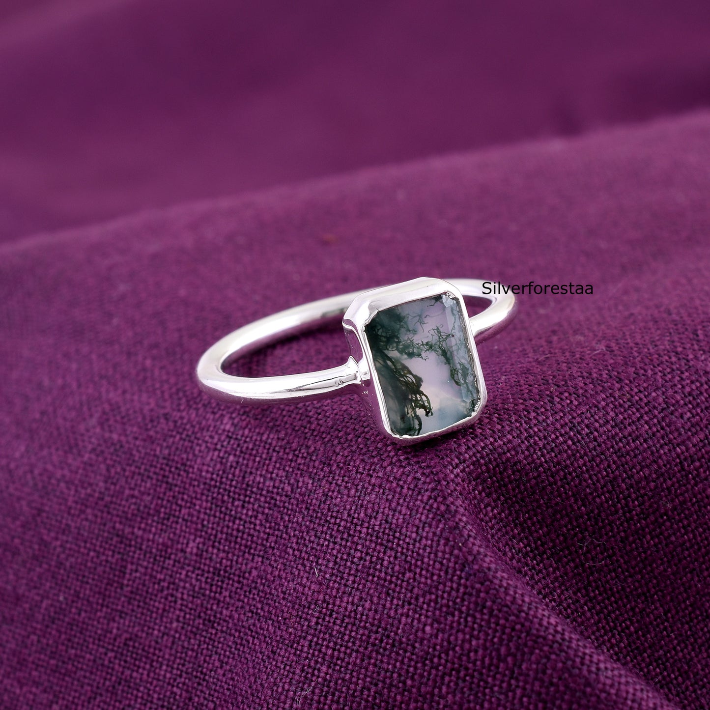 Natural Moss Agate Ring 925 Silver Gemstone Jewelry