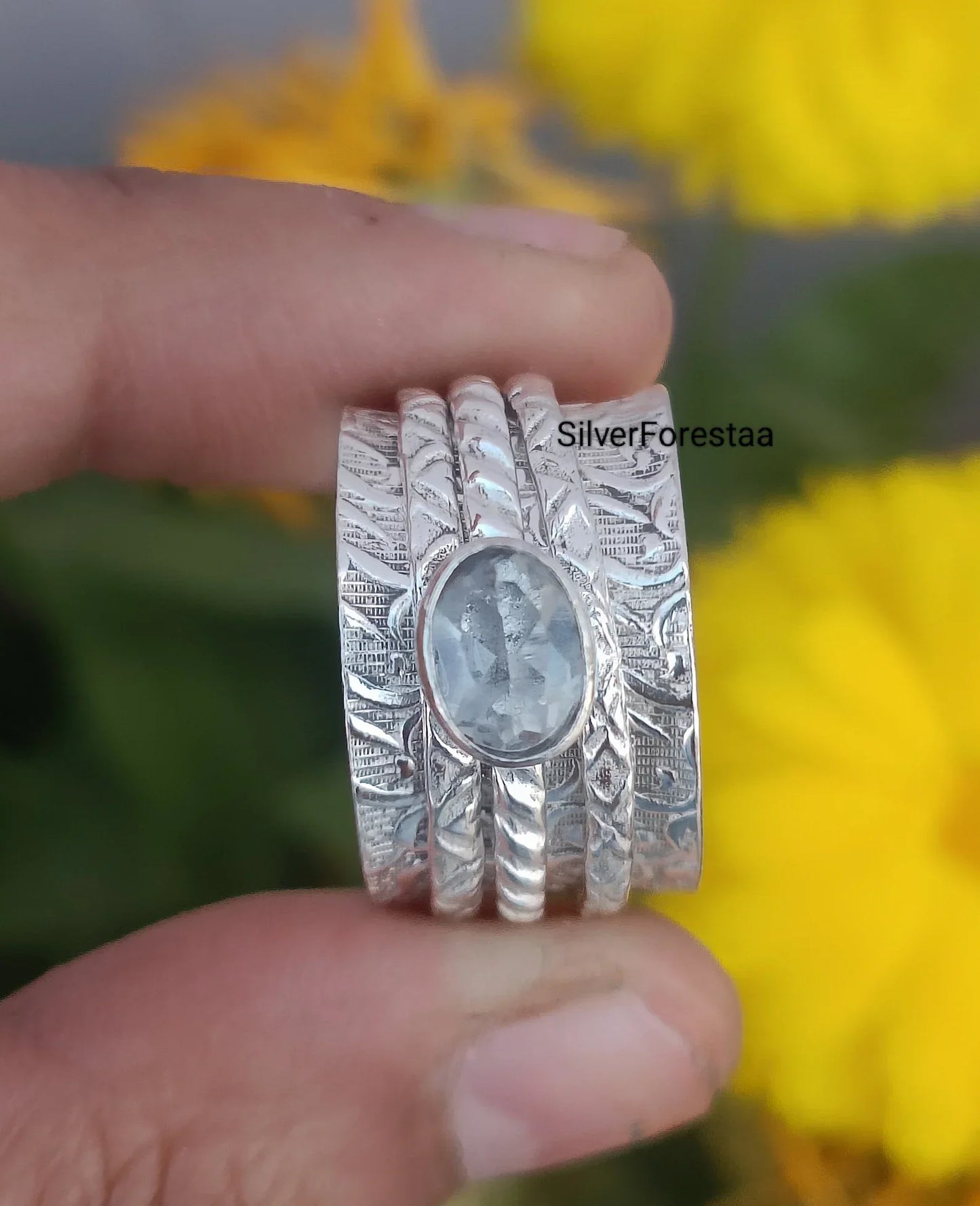 Aquamarine Natural Gemstone Spinner Ring - SILVERFORESTAA