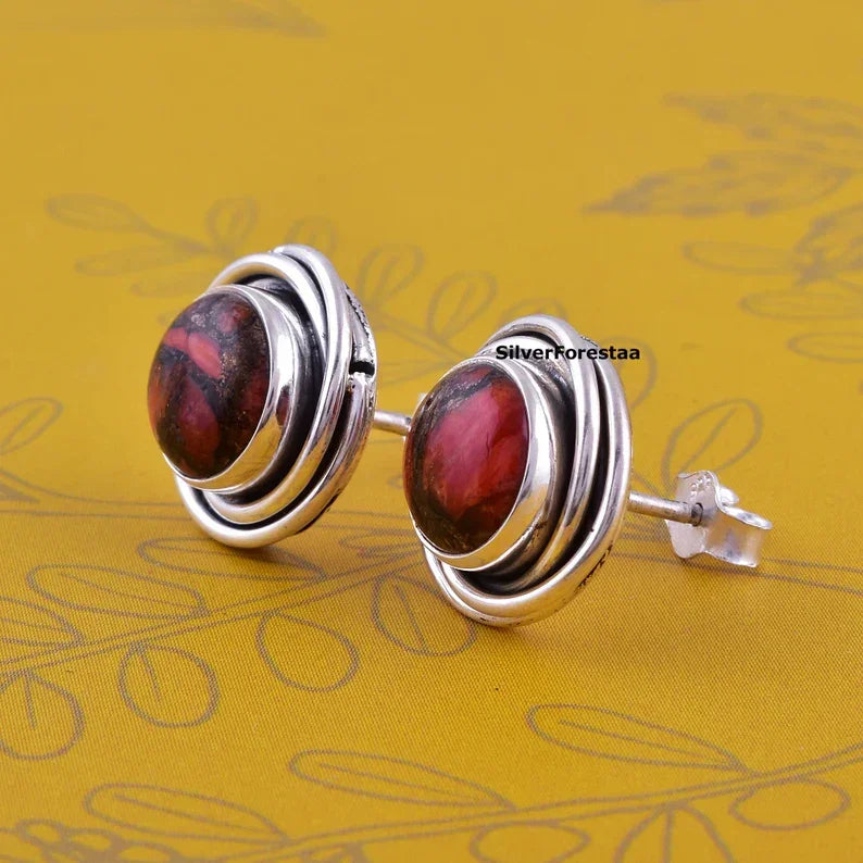 Copper Turquoise Silver Stud Earrings - SILVERFORESTAA