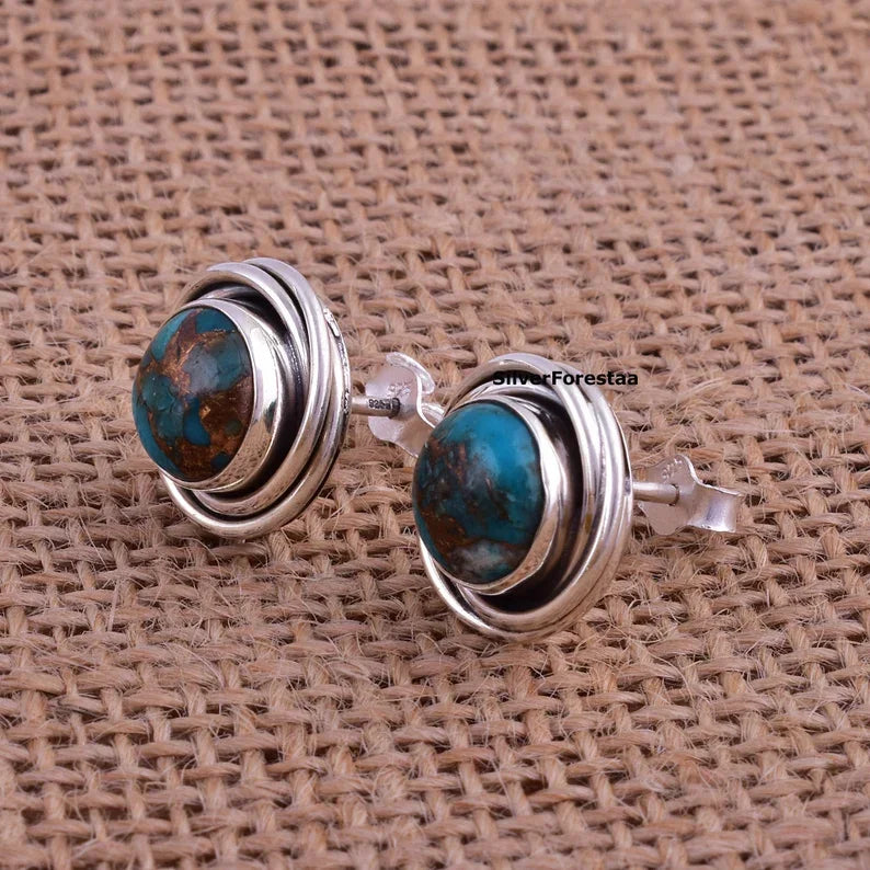 Copper Turquoise Stud Earrings - SILVERFORESTAA