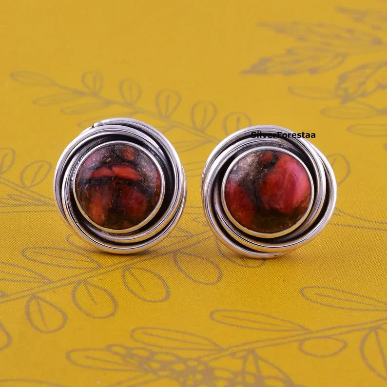 Copper Turquoise Silver Stud Earrings - SILVERFORESTAA