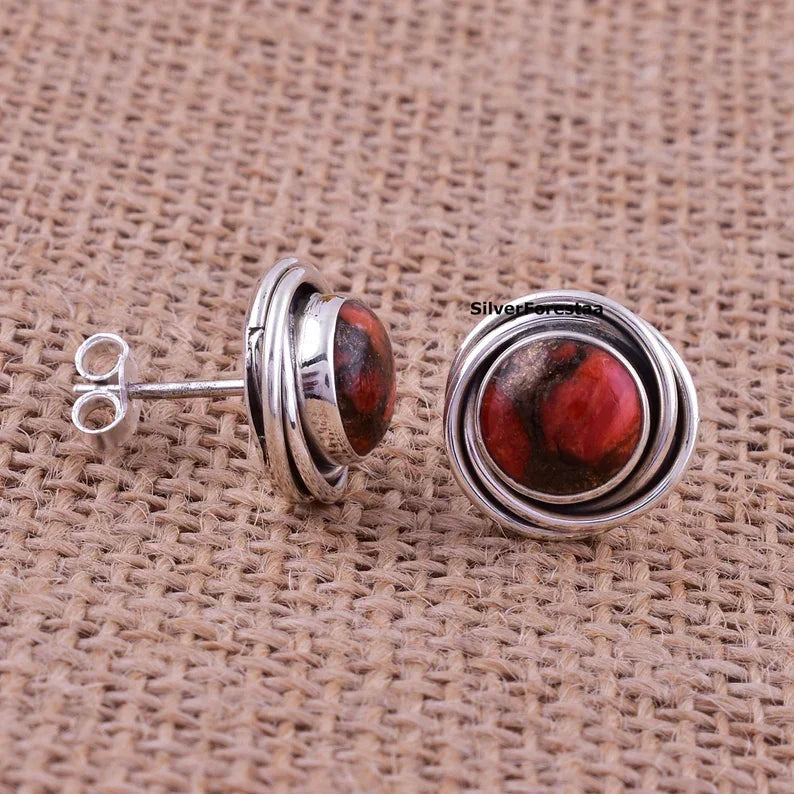 Copper Turquoise Silver Stud Earrings - SILVERFORESTAA