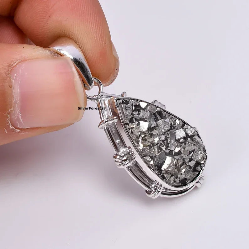 Raw Pyrite Silver Pendant Necklaces - SILVERFORESTAA