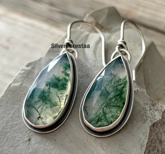 Nature’s Drop – Handcrafted Moss Agate 925 Silver Earrings