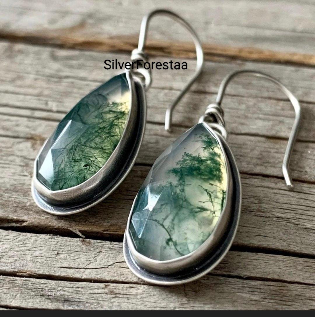 Nature’s Drop – Handcrafted Moss Agate 925 Silver Earrings - SILVERFORESTAA