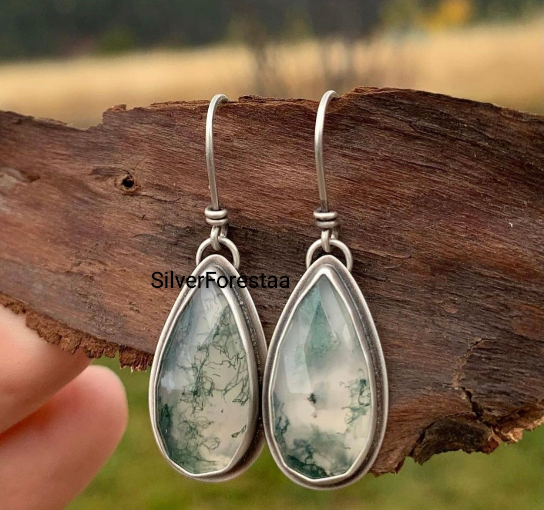 Nature’s Drop – Handcrafted Moss Agate 925 Silver Earrings - SILVERFORESTAA