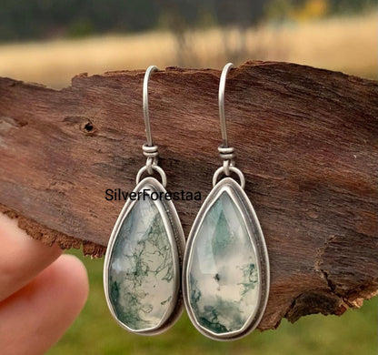 Nature’s Drop – Handcrafted Moss Agate 925 Silver Earrings - SILVERFORESTAA