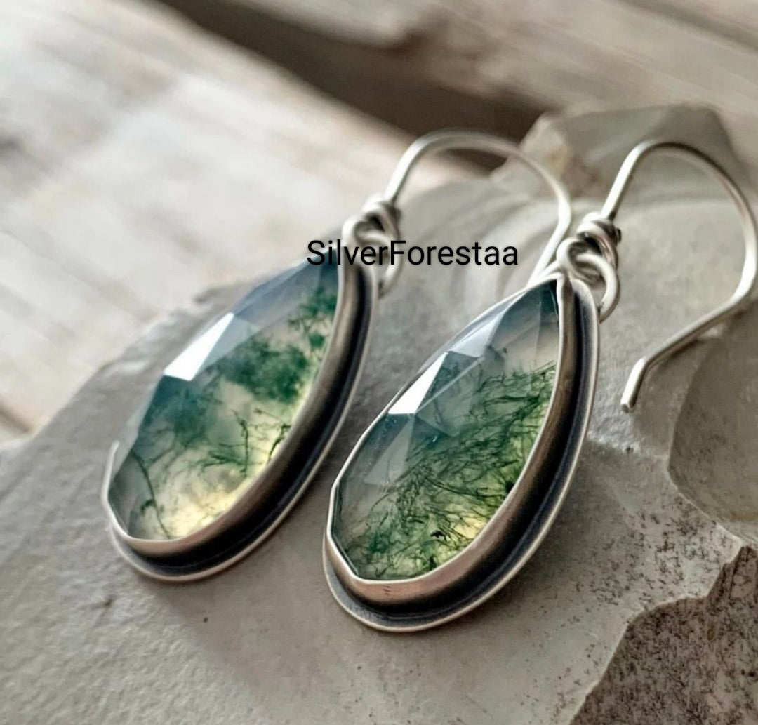 Nature’s Drop – Handcrafted Moss Agate 925 Silver Earrings - SILVERFORESTAA