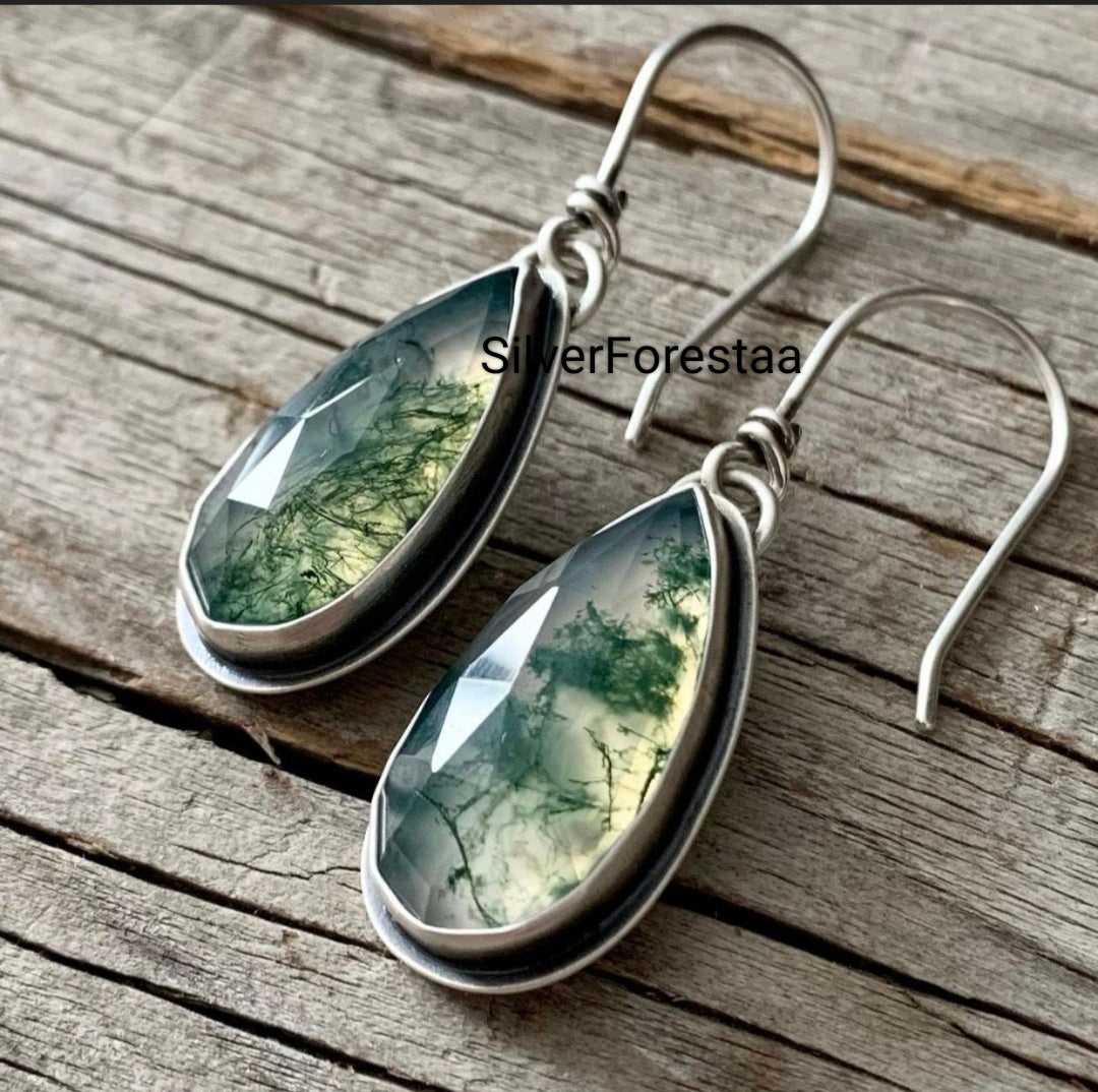 Nature’s Drop – Handcrafted Moss Agate 925 Silver Earrings - SILVERFORESTAA