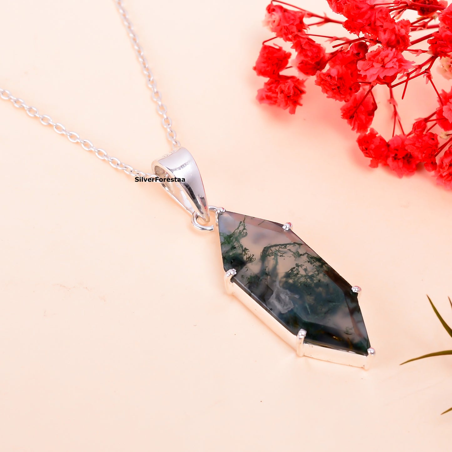 Moss Agate Silver Necklace | Artisan 925 Design