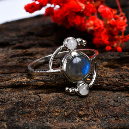 Mystic Glow – Labradorite & Moonstone Ring in 925 Sterling Silver