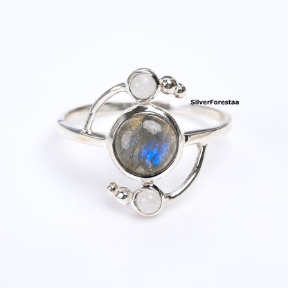 Mystic Glow – Labradorite & Moonstone Ring in 925 Sterling Silver