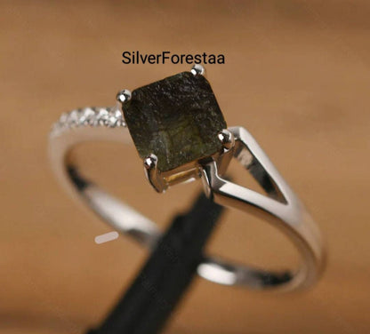 Natural Moldavite Jewelry Silver Ring