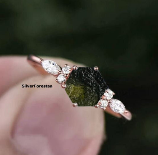 Raw Moldavite Engagement Ring