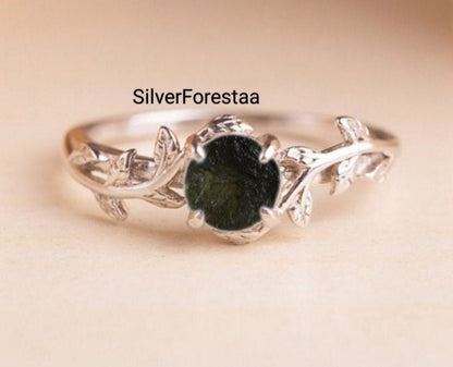 Raw Moldavite Silver Leaf Ring | Nature-Inspired