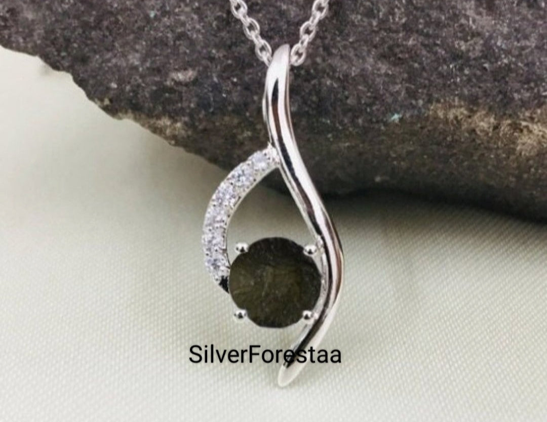 Moldavite Gemstone Silver Necklace