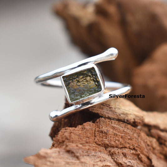 Moldavite Rough 925 Sterling Ring | Rustic Green Gem