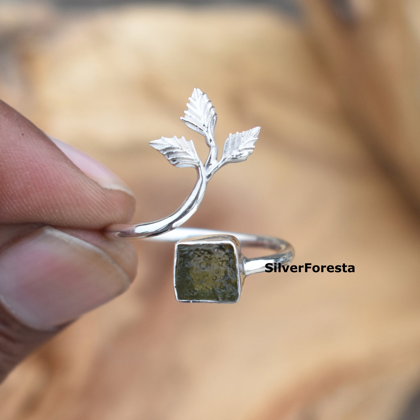 Natural Moldavite Leaf Ring 925 Sterling Silver - SilverForestaa