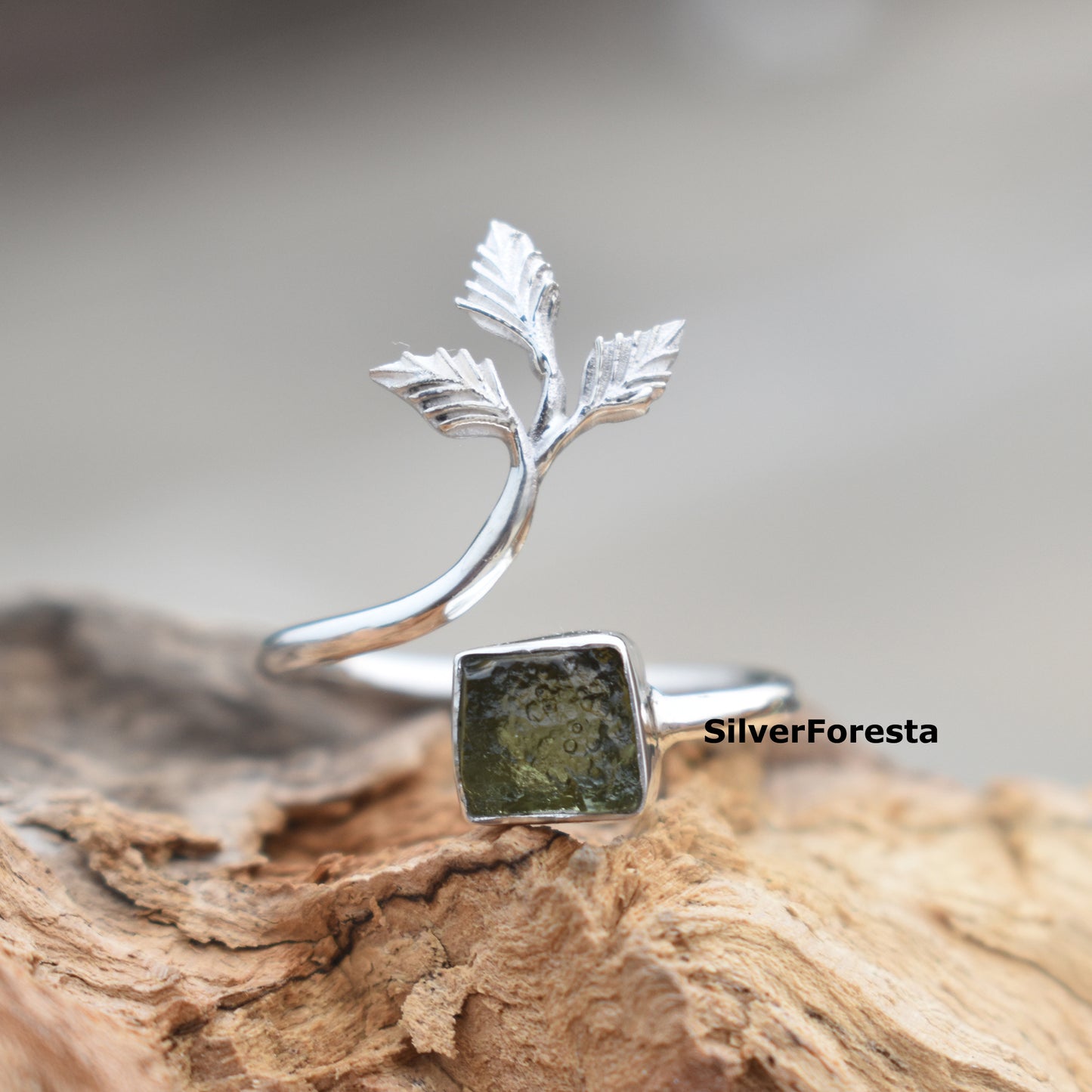 Natural Moldavite Leaf Ring 925 Sterling Silver - SilverForestaa