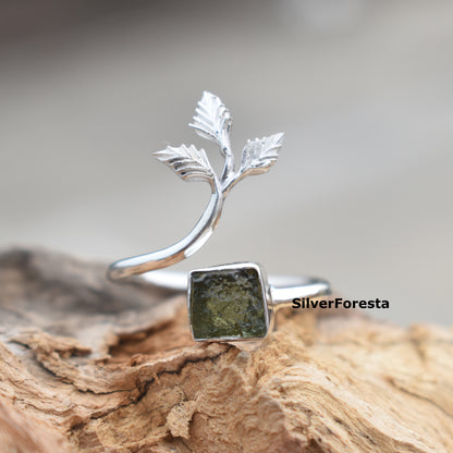 Natural Moldavite Leaf Ring 925 Sterling Silver - SilverForestaa