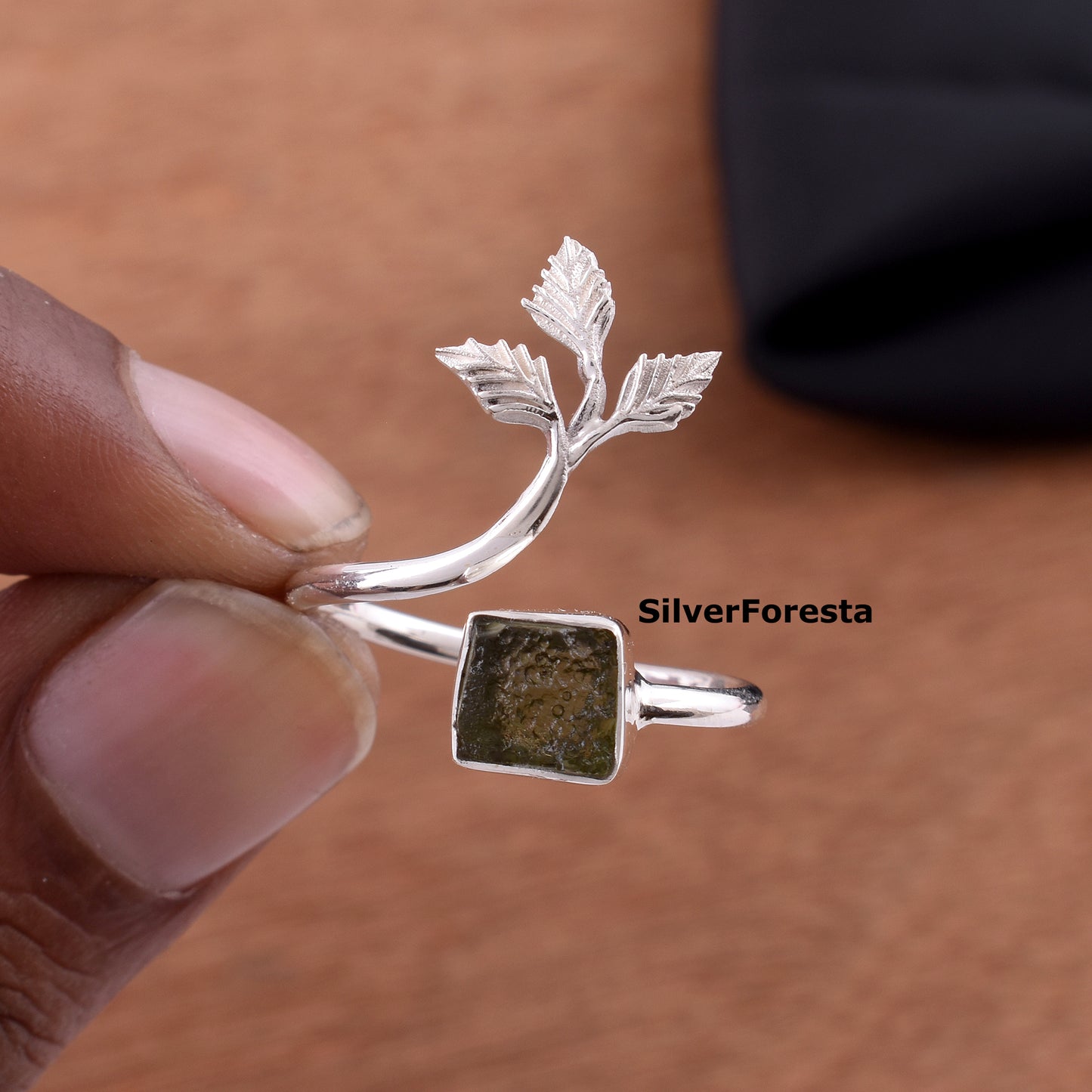 Natural Moldavite Leaf Ring 925 Sterling Silver - SilverForestaa