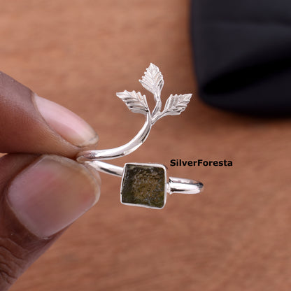 Natural Moldavite Leaf Ring 925 Sterling Silver - SilverForestaa
