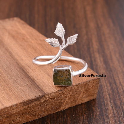 Natural Moldavite Leaf Ring 925 Sterling Silver - SilverForestaa
