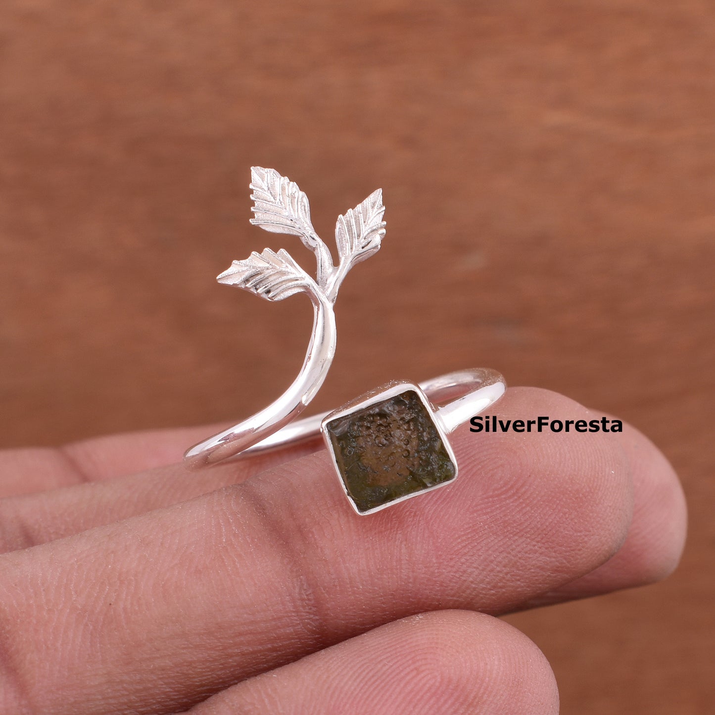 Natural Moldavite Leaf Ring 925 Sterling Silver - SilverForestaa