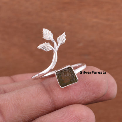 Natural Moldavite Leaf Ring 925 Sterling Silver - SilverForestaa