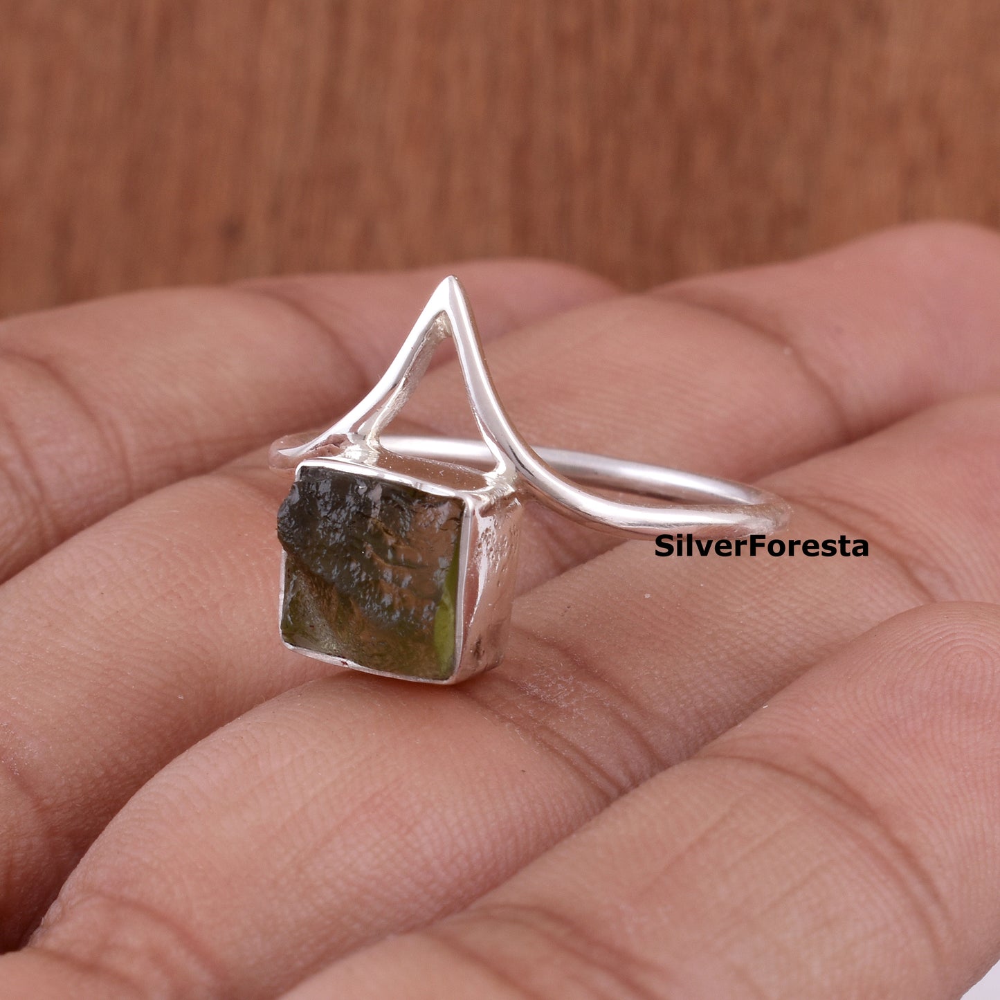 Rough Moldavite 925 Sterling Silver Ring | Unique Design